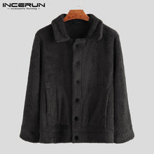 Charger l&#39;image dans la galerie, INCERUN Men Fleece Jackets Coats Streetwear Long Sleeve Solid Lapel Outerwear Button Up Fluffy Fashion Winter Plush Overcoats 7