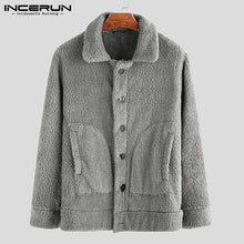 Charger l&#39;image dans la galerie, INCERUN Men Fleece Jackets Coats Streetwear Long Sleeve Solid Lapel Outerwear Button Up Fluffy Fashion Winter Plush Overcoats 7